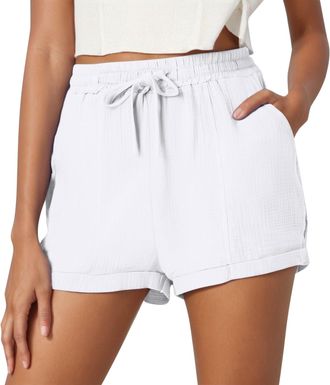 Generic Linen Shorts Women Ladies Solid Colour Drawstring with Pockets Elastic Waist Loose Casual Pants Summer Clothes Beach Walking Pants for Women UK Solid 
