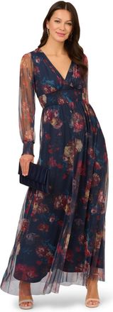 Adrianna Papell Womens Print Mesh Maxi Dress - Blue - Size X-Small