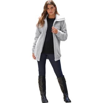 Roaman's Plus Size High Collar Teddy Fleece Bomber in Heather Grey at Nordstrom, Size Large