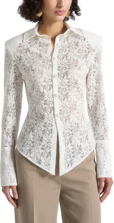 Mani&egrave;re De Voir Sila Wide Shoulder Lace Angled Shirt in White at Nordstrom, Size 10