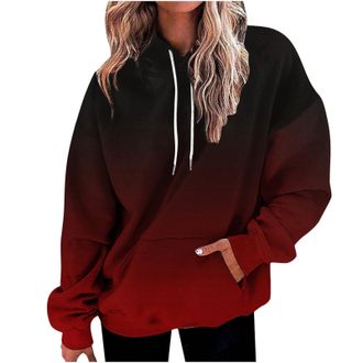 Generic Fall Winter Hoodies for Women UK Casual Long Sleeve Drawstring Pullover Tops 2024 Dressy Oversized Sweatshirts Retro Gradient Floral Print Jumper Shir