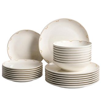 Beliani Vajilla De 24 Piezas De Porcelana Acabado Esmaltado Transparente Con Ribete Decorativo Blanco Y Dorado Charoli