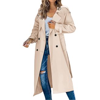 Generic DUHENWU Womens Solid Windbreaker Lapel Long Sleeve Windbreaker Double Breasted Windproof Trench Coat Lightweight long jacket Outerwear with Belt Khaki