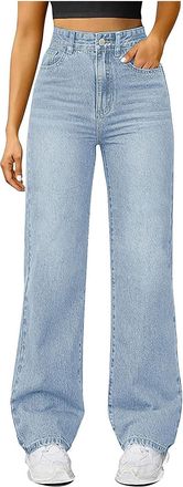 Generic Womens Stretch Denim Jeans Elasticated High Waist Wide Leg Trousers Straight Leg Baggy Pull On Bootcut Flare Casual Streetwear with Pockets Light Blue