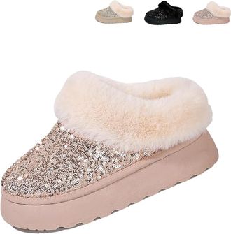Generic 2026 New Womens Platform Glitter Sequin Flat Slippers Winter Snow Boots Fuzzy Fluffy Lined Slippers And Outdoor Comfy Warm (Pink,4.5)