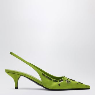 Prada D&eacute;collet&eacute; slingback verde felce in raso con paillettes