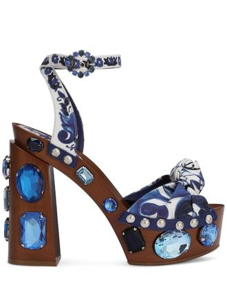 Dolce & Gabbana Majolica-print 90mm embellished wedge sandals - Blue