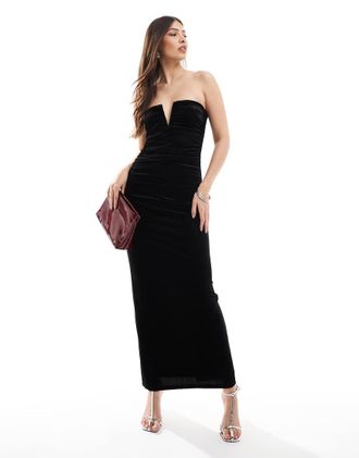4th & Reckless velvet bandeau notch detail ruched maxi dress in black