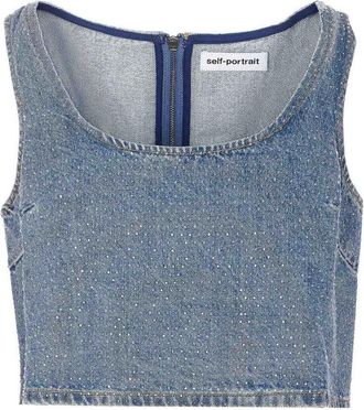 Self Portrait Rhinestone Denim Crop Top