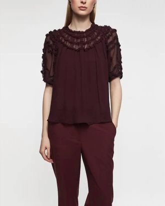 Ulla Johnson Isolda Silk Smocked Short Sleeve Blouse In Mahogany