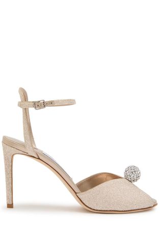 Jimmy Choo London Sacora 85 Glitter Metallic Leather Sandals - Beige