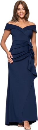 Xscape Womens Long Off Shoulder Sweetheart Neck Side Ruffle Gown (Reg and Petite), Midnight, 12