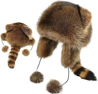 Generic Winter Cute Raccoon Plush Hats, Racoon Hat with Tail, Adjustable Size for Cold Weather Hat for Men Women (Brown,L)