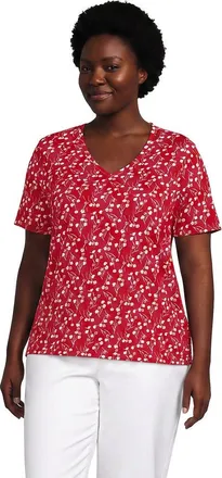 Lands End Supima Cotton V-neck T-Shirt in Compass Red Wispy Floral at Nordstrom, Size 1X