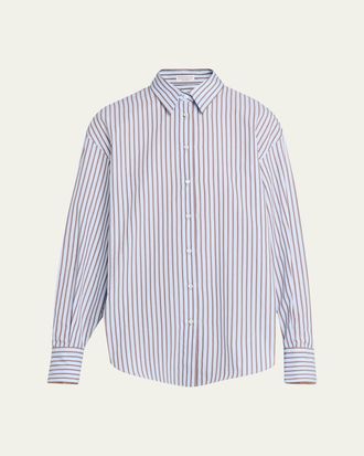 Brunello Cucinelli Monili-Trim Striped Cotton Poplin Button-Down Shirt