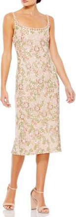 Mac Duggal Womens Sleeveless Hand Beaded Floral Midi Dress in Nude Multi at Nordstrom, Size 10