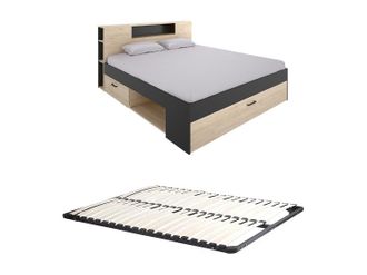 Vente-Unique Cama con cabecero con compartimentos y cajones - 140 x 190 cm - Color: natural y antracita + Somier - LEANDRE