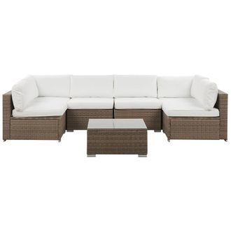 Beliani Conjunto De Jard&iacute;n De Rat&aacute;n Sint&eacute;tico Marr&oacute;n Con Cojines Blancos 6 Plazas Sof&aacute; Esquinero Modular Mesa De Centro Belvedere