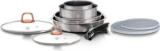 Berlinger Haus Berlinger Haus - Moonlight Bater&iacute;a De Cocina Aluminio Forjado 9 Piezas, Inducci&oacute;n, Asa Extra&iacute;ble, Cazuelas Apilables Tapas Gris