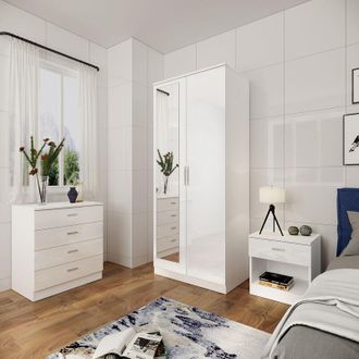 Elegant Lighting White Wardrobe for Bedroom Storage Furniture High Gloss Soft Close 3 Piece Sets 2 Doors Wardrobe with Mirror + 4 Drawer Chest of Drawers and Beside