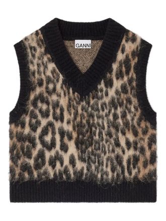 Ganni V-neck leopard-print vest - women - Alpaca Wool/Merino/Polyamide/Elastane - L - Neutrals
