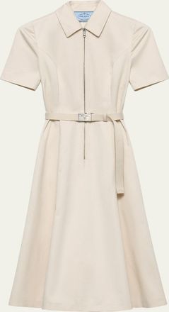Prada Short-Sleeve Belted Chino Midi Dress