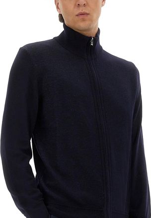 HUGO BOSS Virgin Wool Zip Sweater - Blue