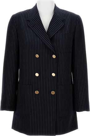 Thom Browne Navy Pinstripe Double-Breasted Jacket With Gold-Tone Buttons