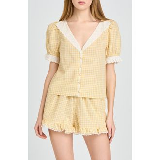 Wayf Emma Eyelet Trim Plaid Button-Up Top in Yellow at Nordstrom, Size X-Large