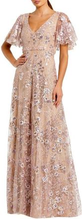 Mac Duggal Lace Embellished Flutter Sleeve A-Line Gown in Rose Pink at Nordstrom, Size 10