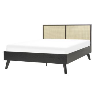 Beliani Cama Con Somier Negro Madera Clara 140 X 200 Cm Cabecero Monpazier