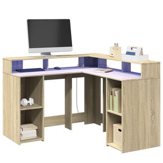 Berkfield Home Desk with LED Lights Sonoma Oak 130x130x91 cm Engineered Wood in Brown | Size: 130 x 130 x 91 cm