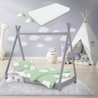 ML Design Ml-design - Cama Infantil Tipi Gris Con Colch&oacute;n De Espuma Fr&iacute;a Hipoalerg&eacute;nico 70x140 Cm Somier Estructura Listones De Madera Maciza De Pino Para Ni&ntilde;as