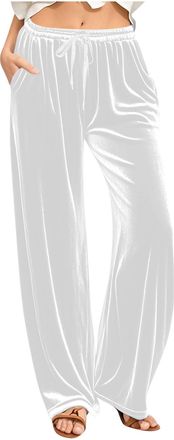 Generic Velvet Trousers Womens Elasticated Waist Trousers Solid Color Casual Loose Long Pants Ladies Palazzo Wide Leg Bottoms Soft Comfy Stretch Office Leisur