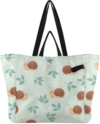 Generic Cute Snails Leaves Green pattern Reusable Canvas Tote Bag, Heavy Duty Grocery Shopping Bag with Double Handles Hard Bottom Large Capacity Work Groceri