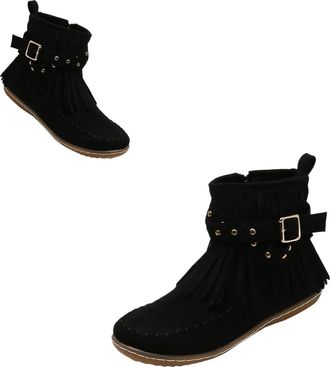 Generic Womens Fringe Ankle Boots Faux Suede Wide Width Round Toe Flats, Mid Calf Tassel Retro Dressy Dress Shoes,Wide Width Round Toe Flats Faux Suede Winter
