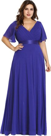 Ever-pretty Womens Double V Neck with Short Sleeves A Line Empire Waist Chiffon Long Bridesmaid Dresses Sapphire Blue Plus Size 24UK
