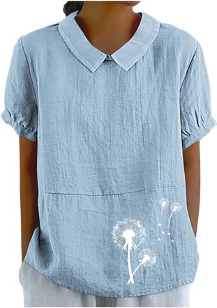 Generic Linen Shirts for Women UK Summer Lightweight Short Sleeve Tshirts Cute Collared Tops Boho Casual Blouses