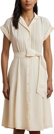 Lauren Ralph Lauren Belted Crepe Pintucked Shirtdress Womens Dress Mascarpone Cream : 12, Polyester