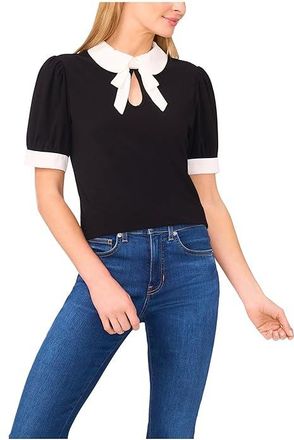 CeCe by Cynthia Steffe Puff Short Sleeve Contrast Collar Bow Top Womens Clothing Rich Black : SM, Polyester/Spandex