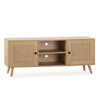 HOMN Mueble tv 2 puertas color roble con rat&aacute;n natural