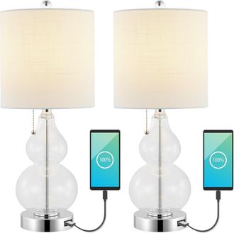 Jonathan Y Designs Cora 22 Classic Vintage Glass LED Table Lamp with USB Charging Port in Chrome/clear at Nordstrom