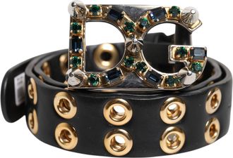Dolce & Gabbana Black Leather Eyelet Crystal DG Buckle Womens Belt (Pre-Owned)