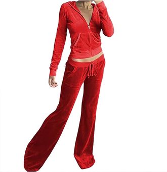 Generic Womens Velour Tracksuits Set Sweatsuit Long Sleeve Zip Up Hoodie Top and Jogging Pants 2 Piece Sports Outfits Casual Loungewear Ladies Velvet Jogger S