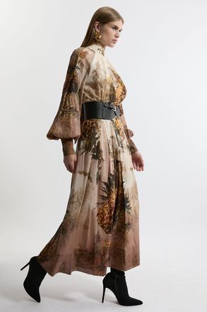 Karen Millen Womens Lydia Petite Silk Cotton Border Print Belted Maxi Dress - Pink - Size 8 UK