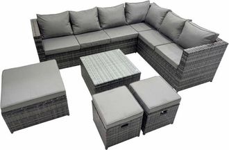 Fimous Fimous - Outdoor pe Rattan Garden Furniture Sofa Set with Square Coffee Table 3 Stools Dark Grey