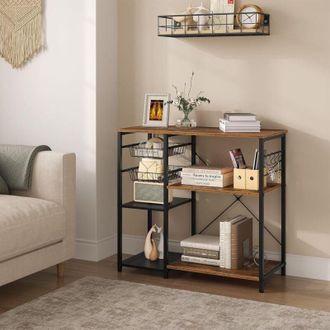 Woltu Scaffale da Cucina, Supporto per Forno a Microonde con Ripiani, Cesti in Filo Metallico, Scaffalatura Portaoggetti con 5 Ganci,, Marrone Rustico +