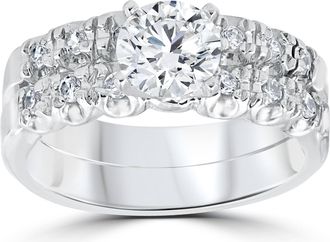 Pompeii3 1 Carat Diamond Engagement Ring Matching Wedding Band Prong Set 14K White Gold