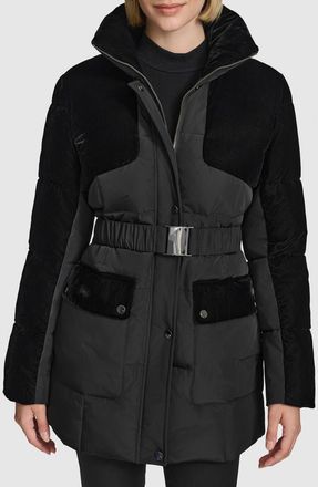 Andrew Marc Kempsey Belted Mixed Media Coat in Black at Nordstrom, Size Medium