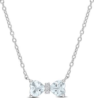 Mimi & Max 3/4 CT TGW Heart Aquamarine and Diamond Accent Bow Necklace in Sterling Silver